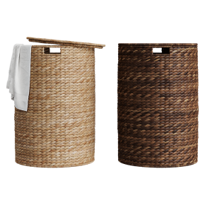 Woven laundry baskets with a terry towel.