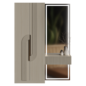 A wardrobe in the hallway with a mirror and a vase.