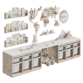 Toys, décor, and furniture for a children's room with shelves.