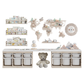 Toys, décor, and furniture for a children's room with shelves.