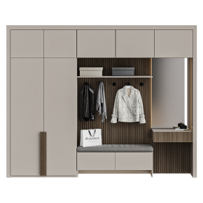 An entryway with a coat rack and a mirror.
