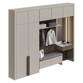 An entryway with a coat rack and a mirror.