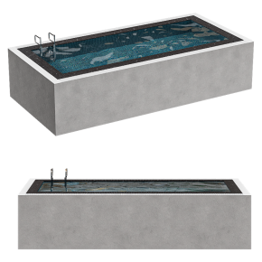 A pool with black-and-white tiles.