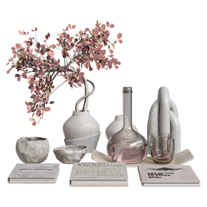 A decorative set with a decanter, glasses and vases