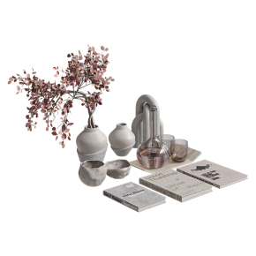A decorative set with a decanter, glasses and vases