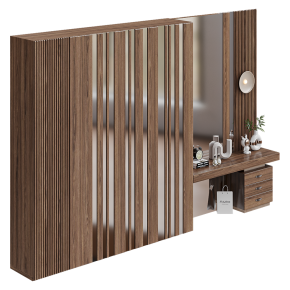 A dark wood furniture composition with decorative elements.