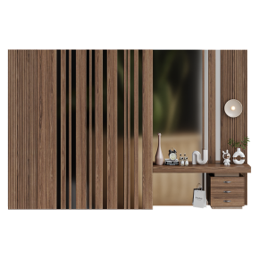 A dark wood furniture composition with decorative elements.