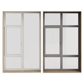 Panoramic PVC window with a wooden surround.