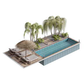 Pool with sun loungers and palm trees