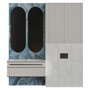 Bathroom furniture made of stone and wood with two mirrors.