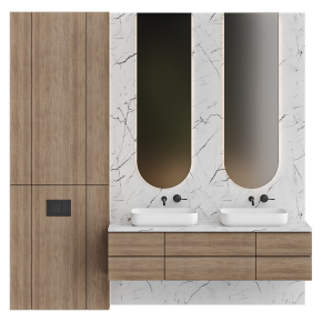 Two-sink bathroom design with a wall-mounted vanity.