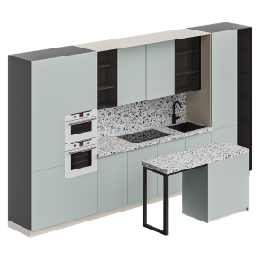 Mint-colored straight kitchen.