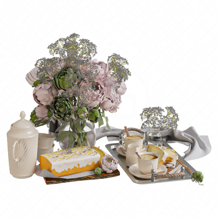 Поднос с кексом и цветы