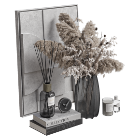 Decorative set with black clocks and a glass vase.