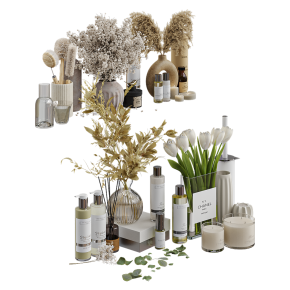 Decorative set for bathroom interior with plants and dried flowers.