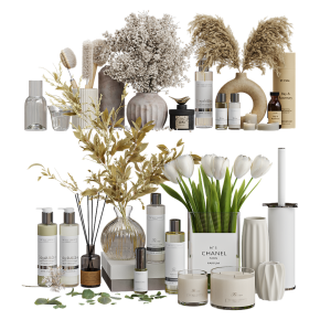 Decorative set for bathroom interior with plants and dried flowers.