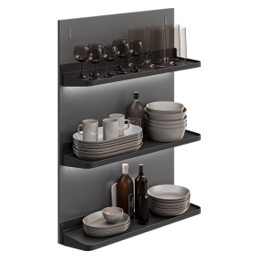 A kitchenware set on the shelves.