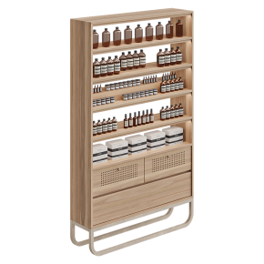 Makeup set with a dresser and shelves.
