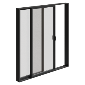 A set of sliding metal windows.
