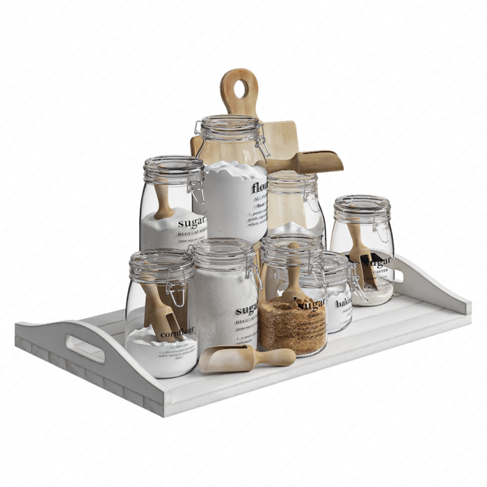 Set of glass jars for the kitchen with sugar and flour