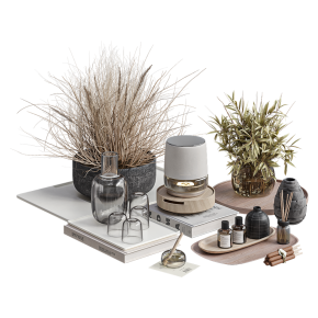 Decorative set with a decanter, glasses, and skincare cosmetics.
