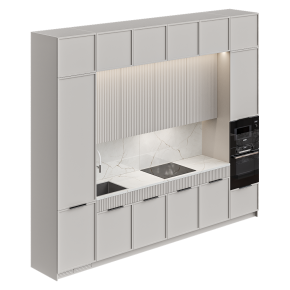 A white kitchen in a neoclassical style, straight.