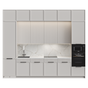A white kitchen in a neoclassical style, straight.