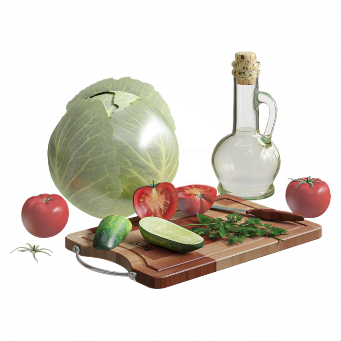 Овощи для салата с посудой