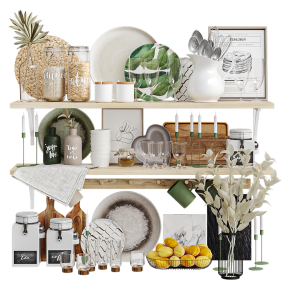 Decorative kitchen set for shelves with flowers.