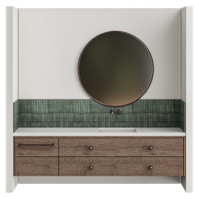 Bathroom design with a large vanity and a mirror.