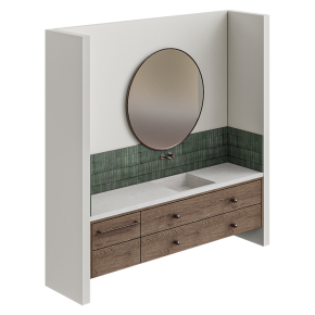 Bathroom design with a large vanity and a mirror.