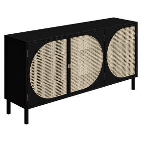 Black console table with a woven pattern.