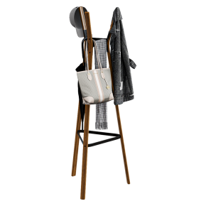 Wooden freestanding coat rack.