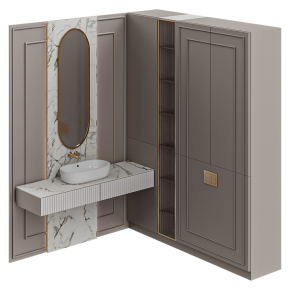 Corner bathroom design in light tones.
