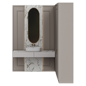 Corner bathroom design in light tones.