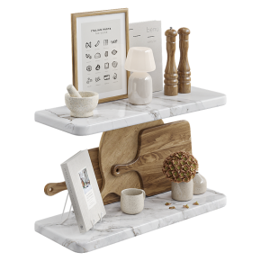 Decorative kitchen set with cutting boards and a small lamp.