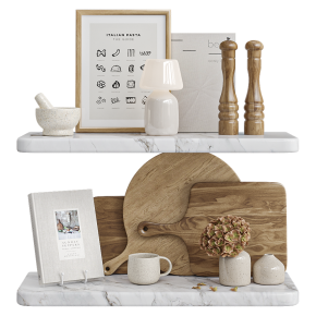 Decorative kitchen set with cutting boards and a small lamp.