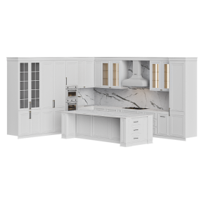 A white kitchen in a neoclassical style with an island.