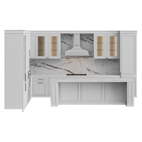 A white kitchen in a neoclassical style with an island.