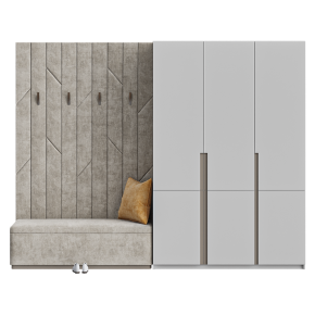 Gray entryway furniture with a pouf