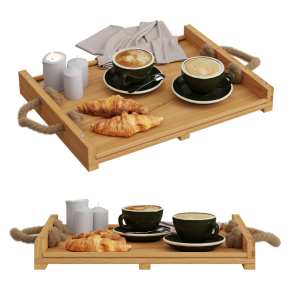 Coffee with croissants on a tray.