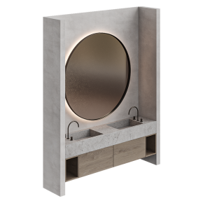 Bathroom design with a large round mirror.