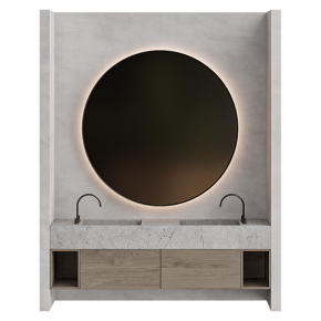 Bathroom design with a large round mirror.