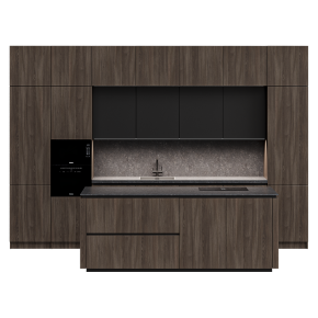 A dark wood kitchen with a gray backsplash.