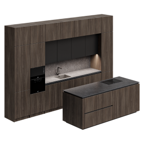 A dark wood kitchen with a gray backsplash.