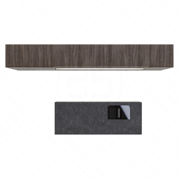 Кухня из темного дерева с серым фартуком