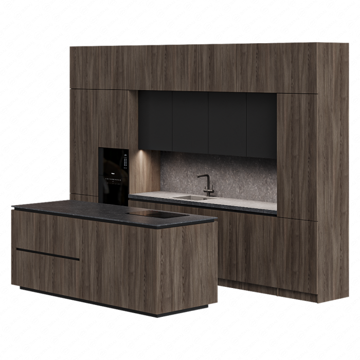 Кухня из темного дерева с серым фартуком