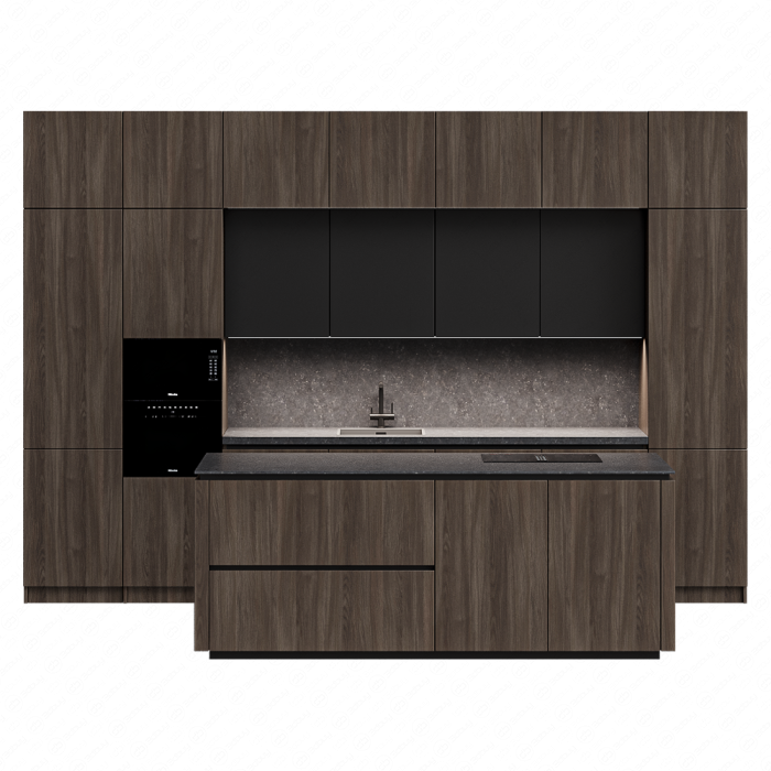 Кухня из темного дерева с серым фартуком