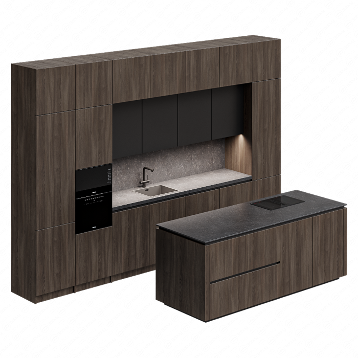 Кухня из темного дерева с серым фартуком