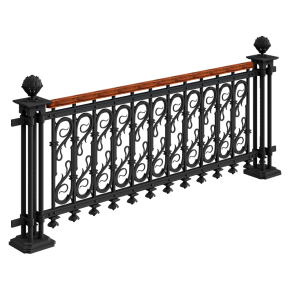 Wrought-iron railing with a wooden handrail.